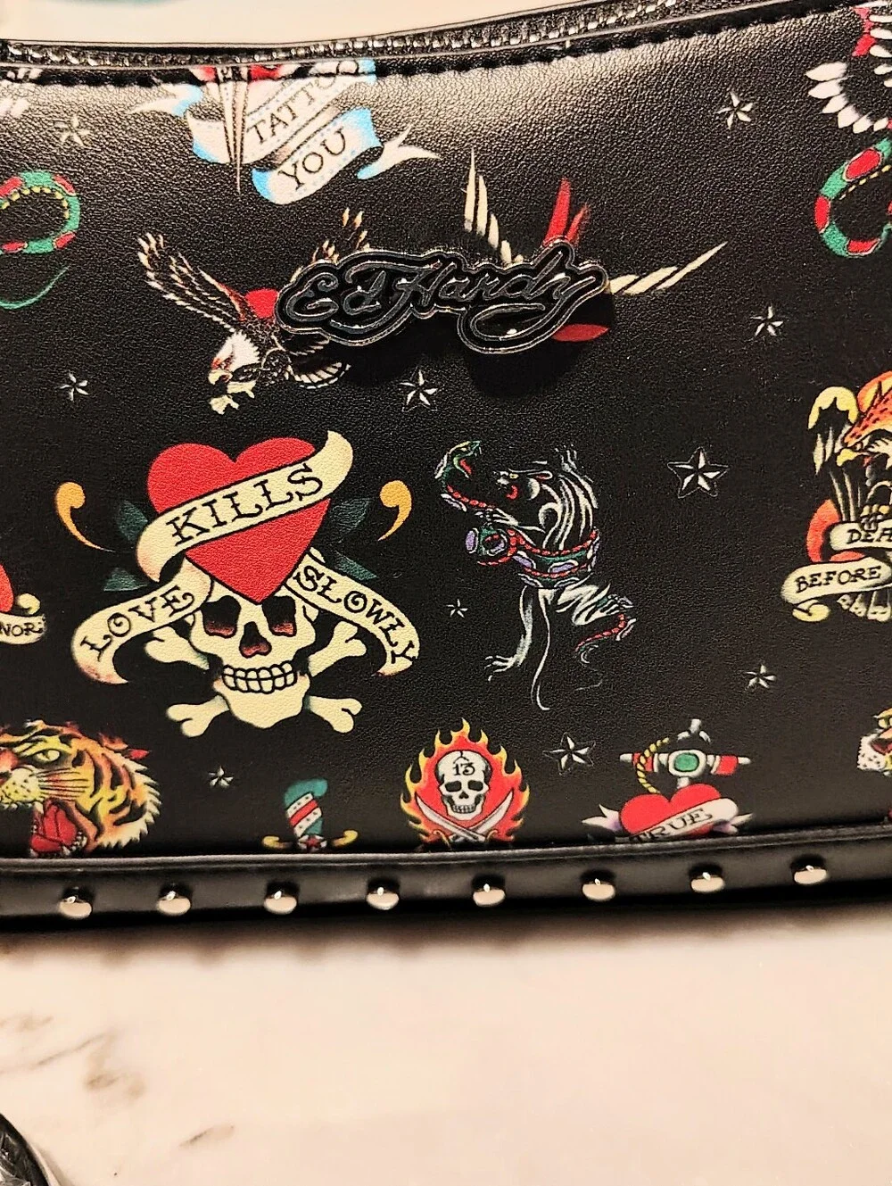Ed Hardy Grunge Black Bikercore Tiger Skull Heart Studded Chain Crossbody Bag